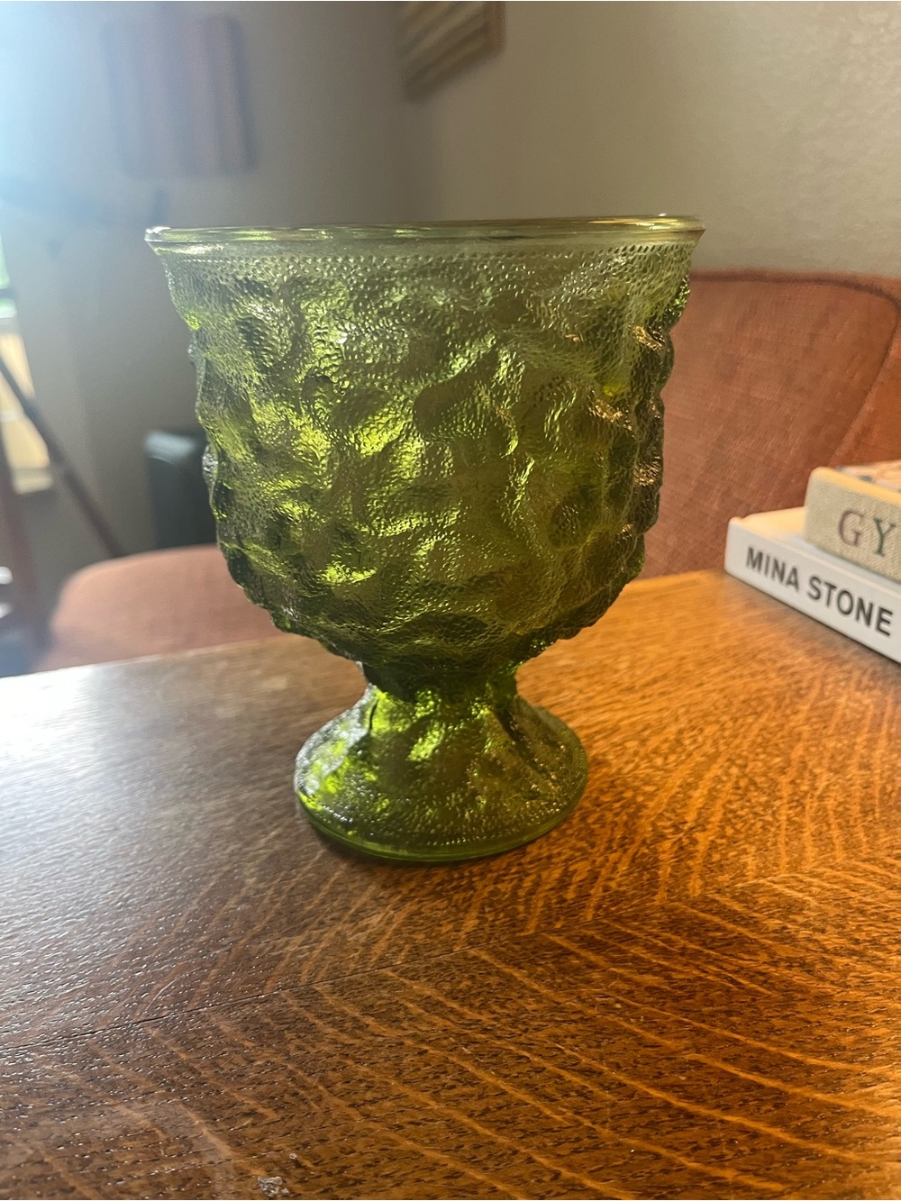 Vintage EO Brody Co Green Crinkle Glass Pedestal Vase/Cleveland Ohio